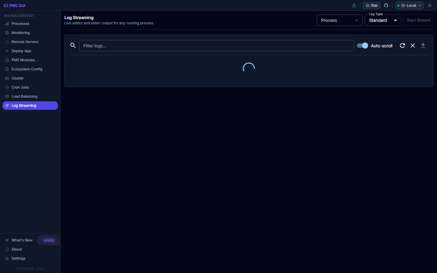 Log Streaming page