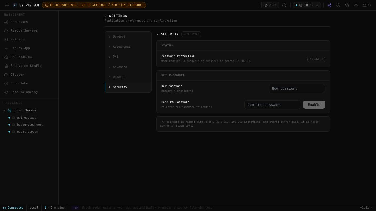 Settings → Security on a fresh installation, before password protection is enabled.