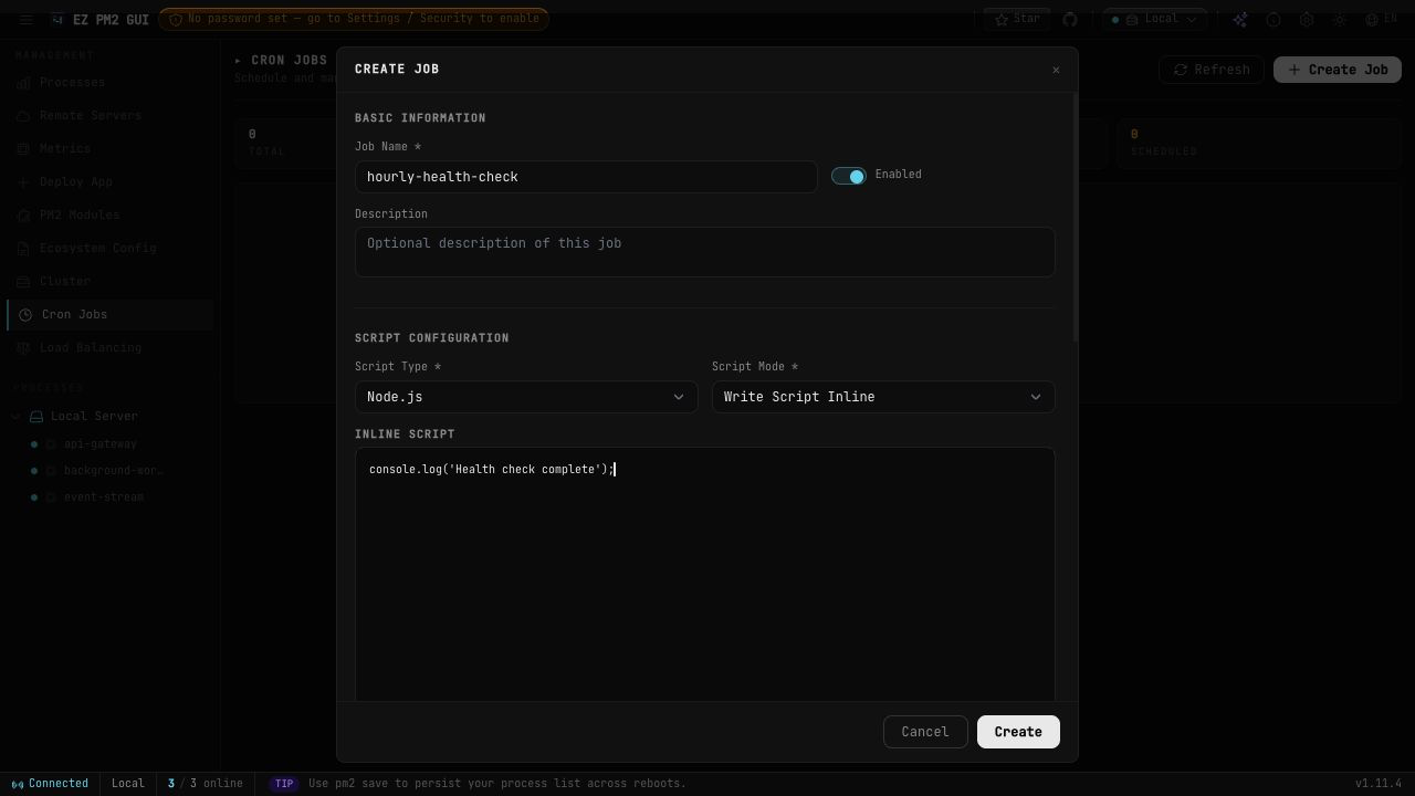 An unsaved Node.js job showing its name, script type, and inline script editor.